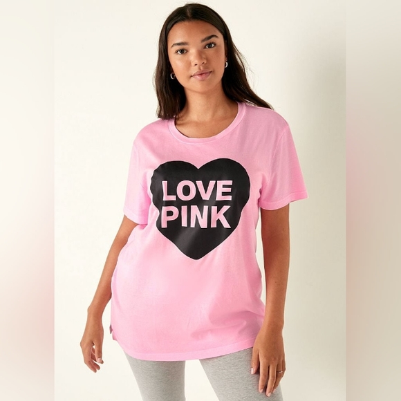 VS PINK Sweet Rosette Pink Originals Short Sleeve Campus Tee Oversized Large NEW - Picture 5 of 11